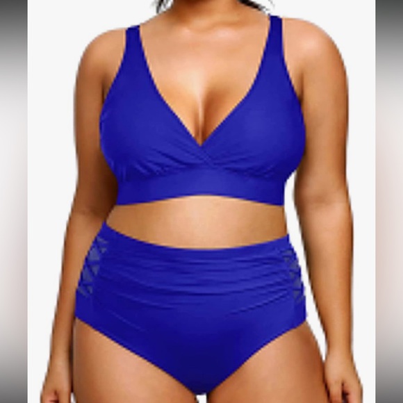 Yonique Blue High Waisted‎ Tummy Control Adjustable Straps Bikini Swimsuit - 16W - Picture 1 of 17